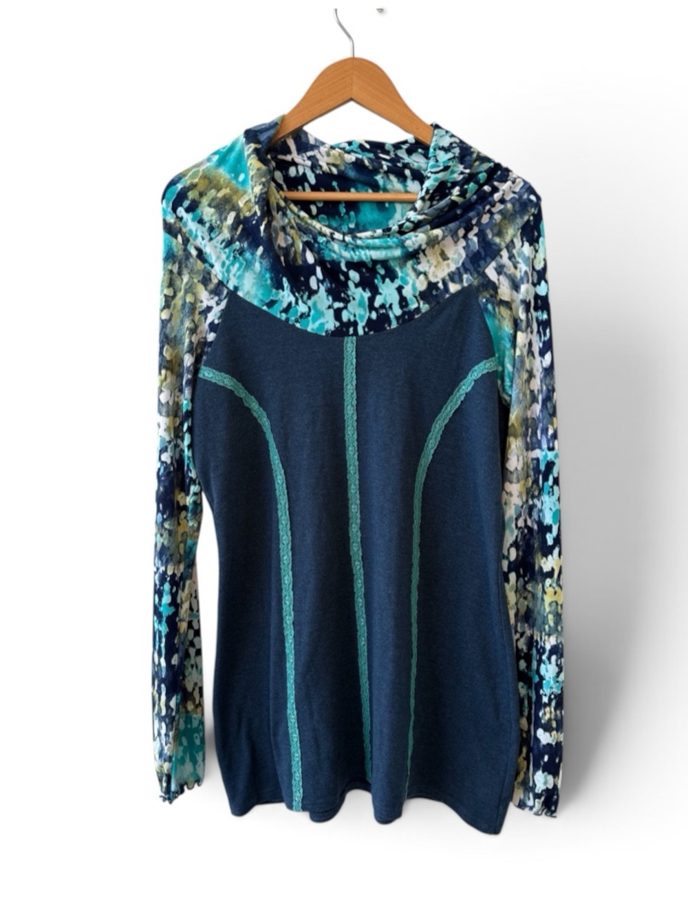 Laura Hlavac Artsy Cowl Neck Tunic Top Navy Teal Abstract Boho XL